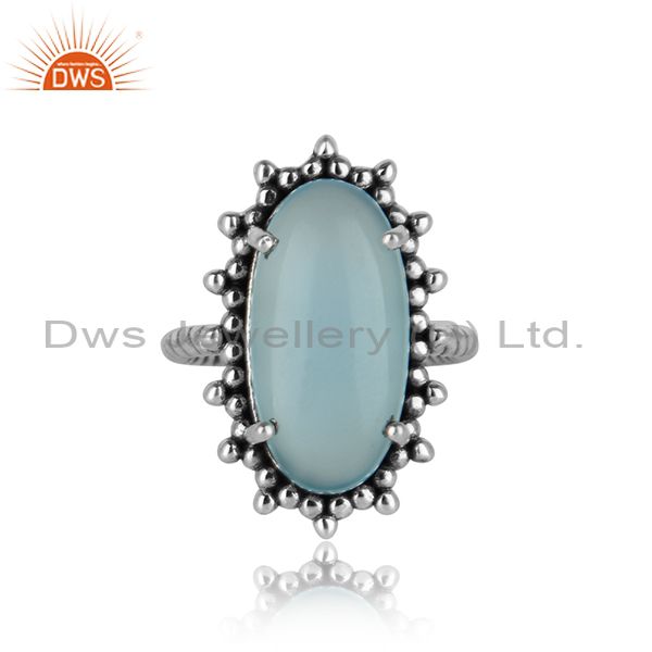 Handmade statement ring in oxidised silver 925 and aqua chalcedony