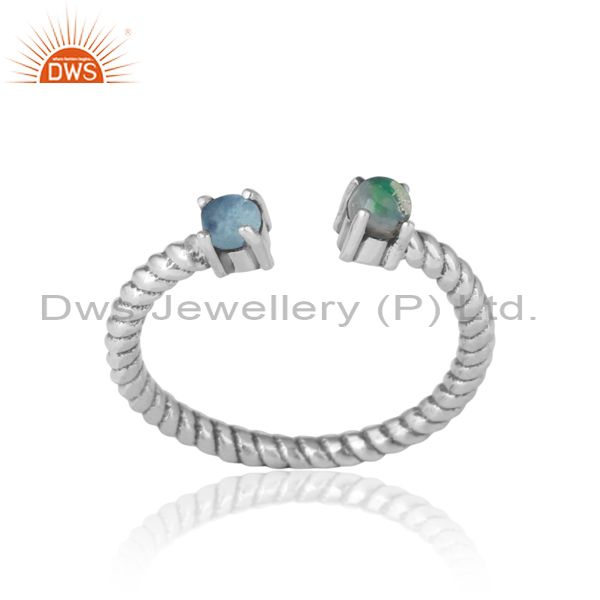 Dainty twisted ring in oxidized silver ethiopian opal blue topaz