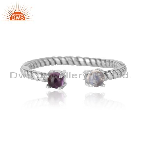 Twisted ring in oxidized silver rainbow moonstone and amethyst