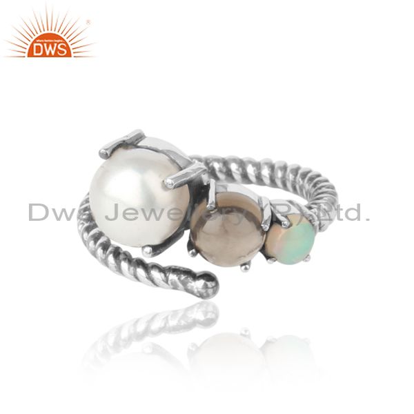 Designer ring in oxidized silver 925 ethiopian opal, pearl and smoky