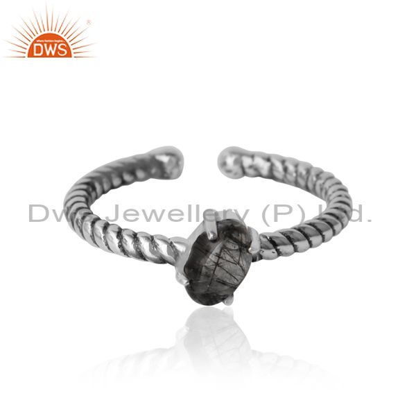 Dainty oxidized silver ring adorn with tilted natural black rutile