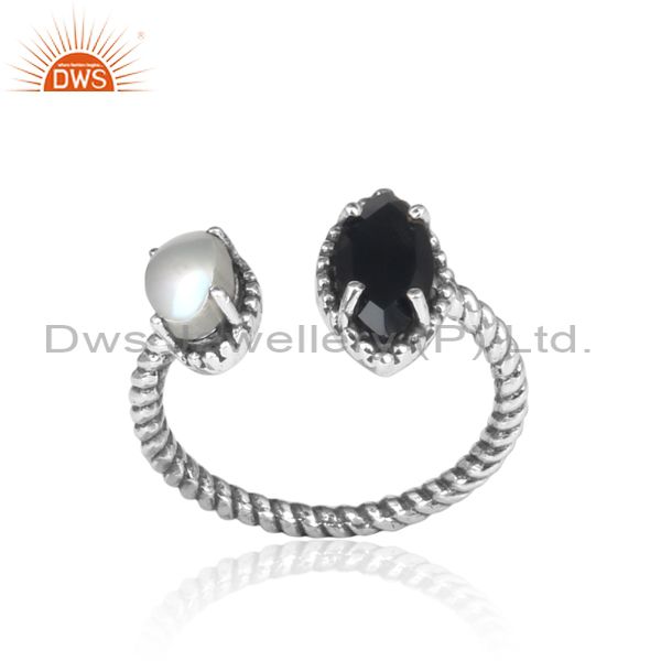 Black Onyx, Pearl Set Handmade Oxidized Facing Silver Ring