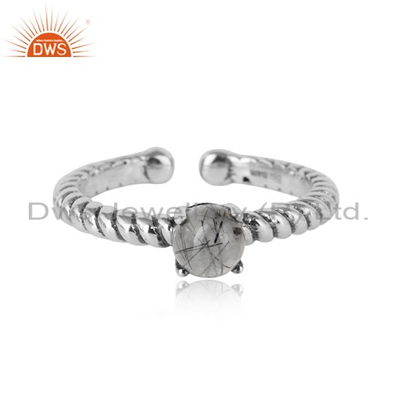 Designer Textured Black Rutile Ring In Oxidised Silver 925