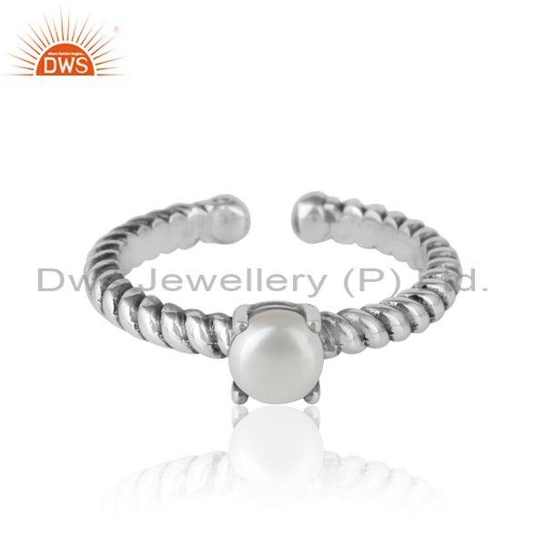 Designer Textured Pearl Ring In Oxidised Silver 925