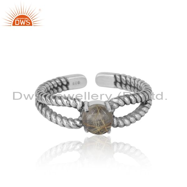 Designer twisted ring in oxidized silver 925 with black rutile