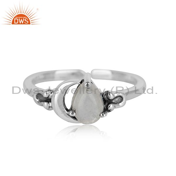 Designer oxidised silver 925 moon ring with rainbow moonstone