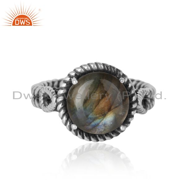 Twisted designer bold labradorite ring in oxidized silver 925