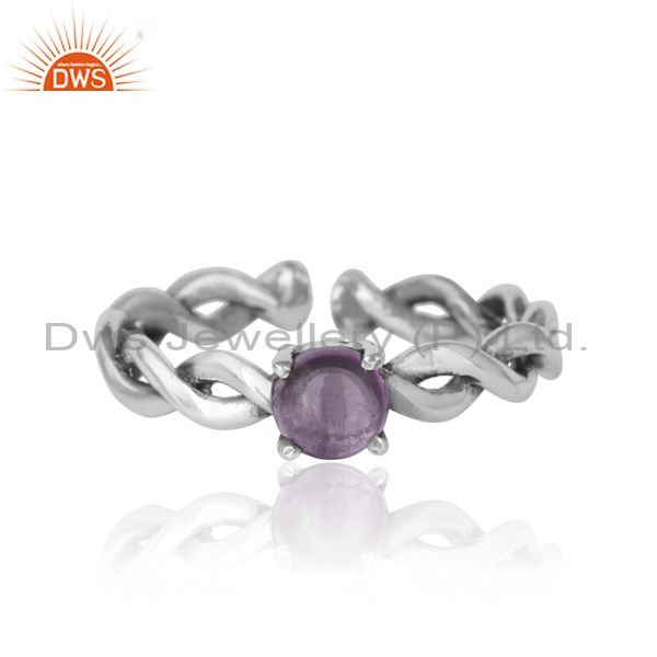 Dainty twisted ring in oxidized silver 925 with natural amethyst