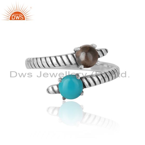 Handmade bypass ring in oxidized silver arizona turquoise smoky