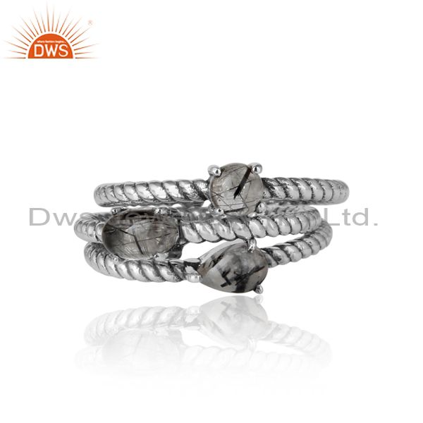 Twisted Ring Set Of 3 In Oxidized Silver And Black Rutile