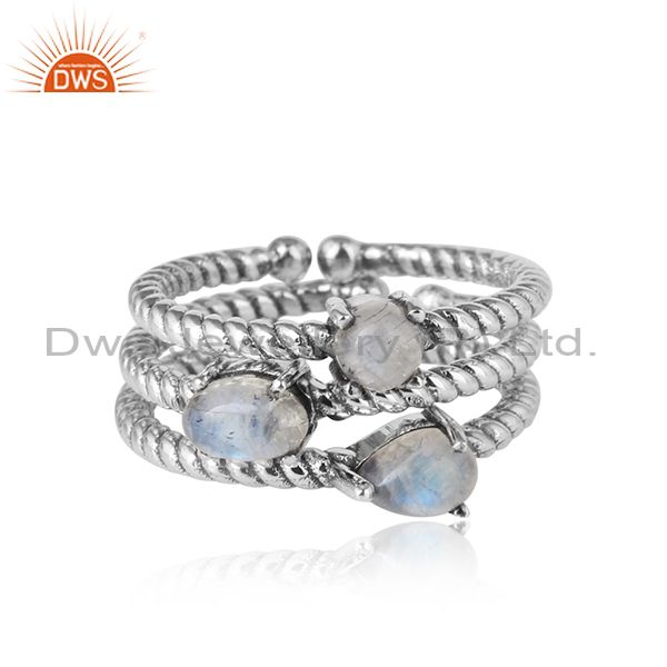 Twisted stackable oxidised silver ring set with rainbow moonstone