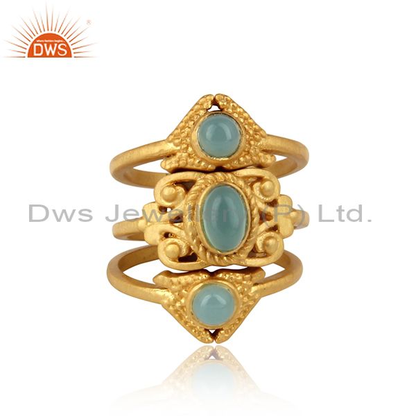 Boho Set Of 3 Ring In Gold On Silver With Aqua Chalcedony