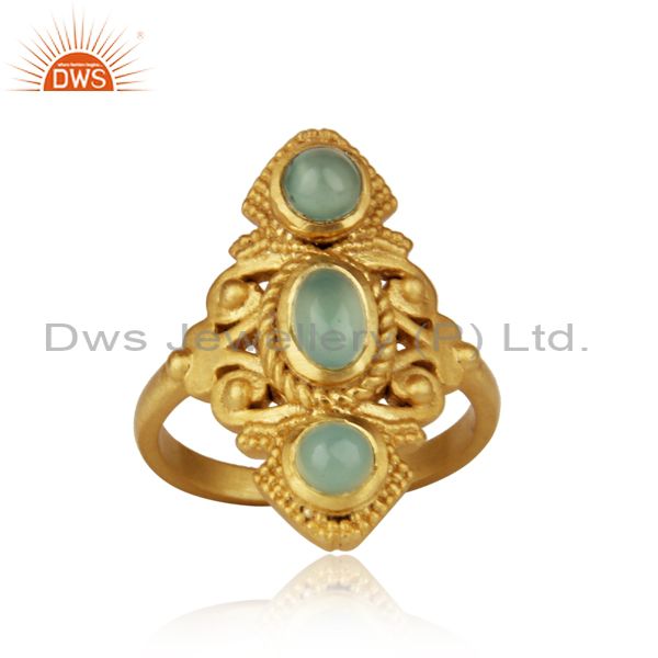 Bohemian Ring in Yellow Gold on Silver 925 with Aqua Chalcedony