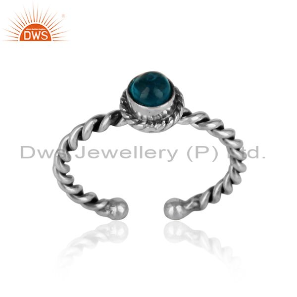 Neon apatite twisted handmade designer ring in oxidized silver 925