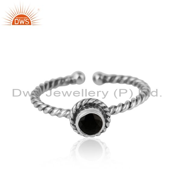 Black onyx twisted handmade designer ring in oxidized silver 925