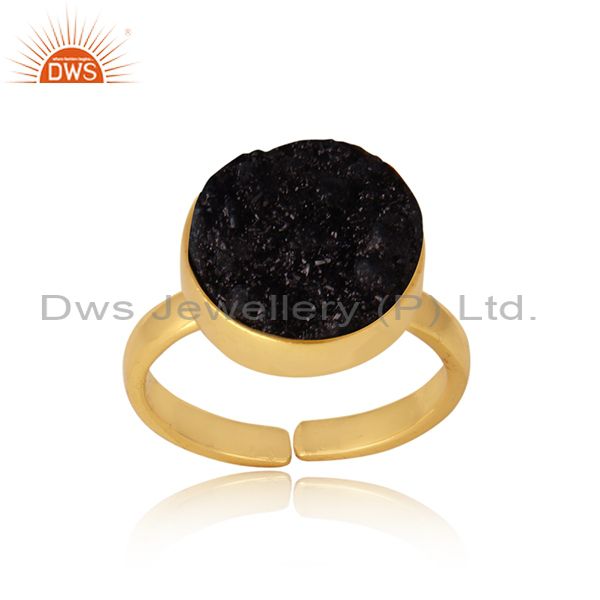 Designer elegant black druzy ring in yellow gold on silver 925