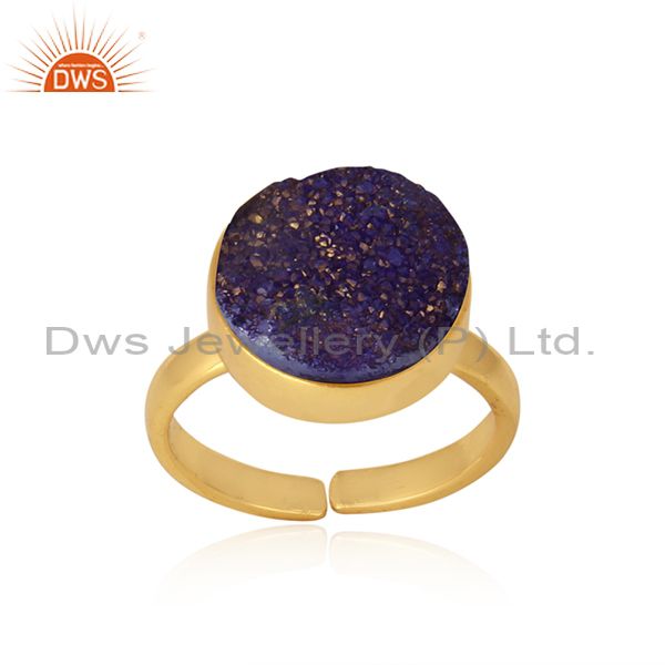 Designer elegant purple druzy ring in yellow gold on silver 925
