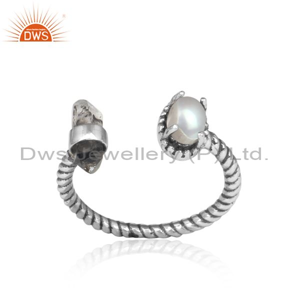 Designer herkimer diamond ring in solid silver 925 with pearl