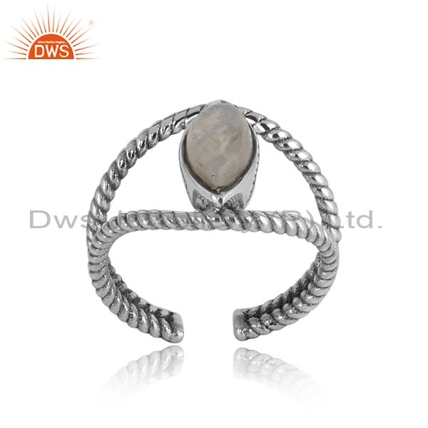 Twisted designer rainbow moonstone ring in oxidized silver 925