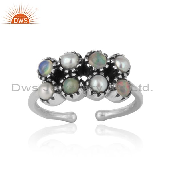 Handcrafted Designer Pearl Ethiopian Ring In Oxidized Silver