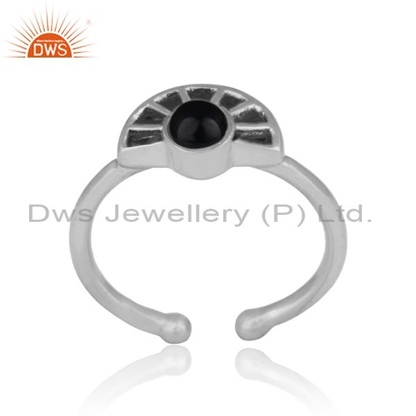 Half moon texture designer black onyx ring in oxidized silver 925