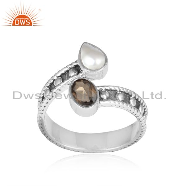 Smoky And Pearl Oxidized Sterling Silver Facing Ring