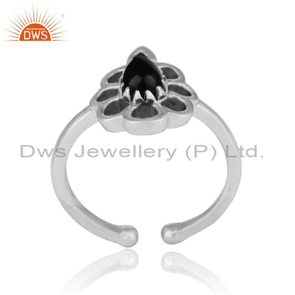 Designer Floral Ring In Oxidized Silver 925 And Black Onyx