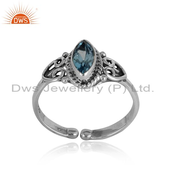 Exquisite textured dainty blue topaz ring in oxidized silver 925