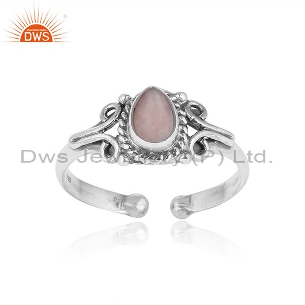 Designer handmade dainty pink opal ring in oxidized silver 925