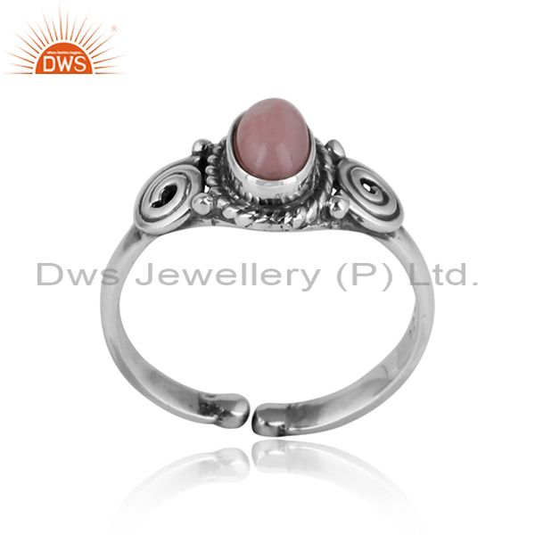Designer handmade dainty ring in oxidized silver and pink opal