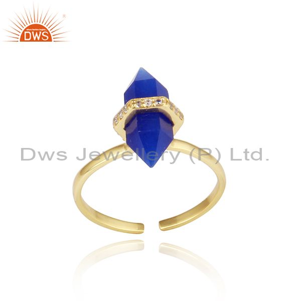 Designer blue avanturine pencil gemstone cz gold on silver ring