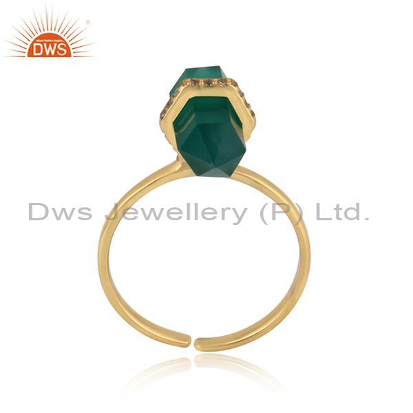 Designer green onyx pencil gemstone and cz gold on silver 925 ring