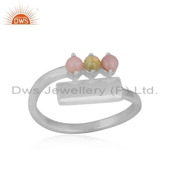 Dainty bar bypass sterling silver ring with pink and ethiopian opal
