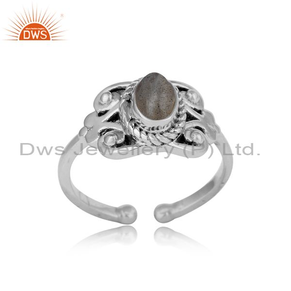 Designer bohemian oxidize finish on silver ring with labradorite