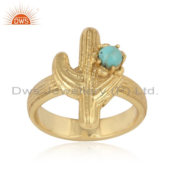 Cactus textured design gold on silver ring with arizona turquoise