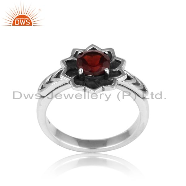 Handcrafted floral designer oxidized silver 925 ring with garnet