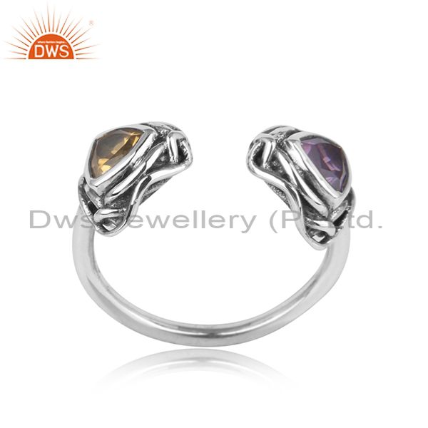 Handtextured Oxidized Silver Ring With Amethyst, Citrine
