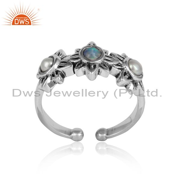 Floral Ethiopian Opal, Pearl Studded 925 Silver Ring