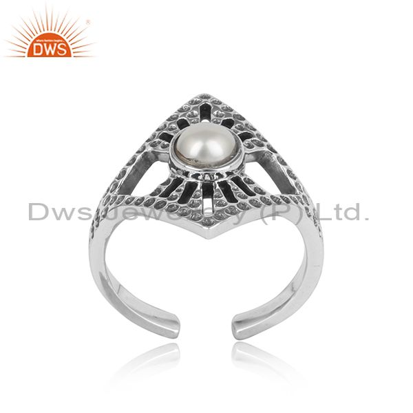 Textured Design Adjustable Oxidized Silver Ring With Pearl