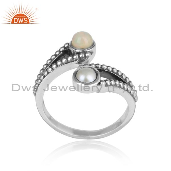 Ethiopian Opal And Pearl Cabushion Sterling Silver Ring