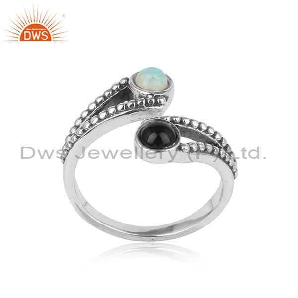 Oxidized Silver Bypass Ring With Black Onyx Ethiopian Opal