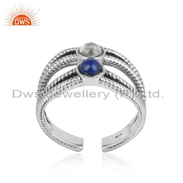 Designer Split Shank Oxidized Silver Ring With Lapis, Pearl