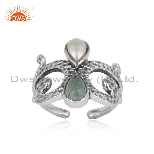 Designer Texture Oxidized Silver Aqua Chalcedony Pearl Ring
