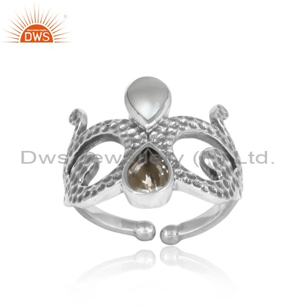 Pearl And Green Amethyst Set Sterling Silver Princess Ring