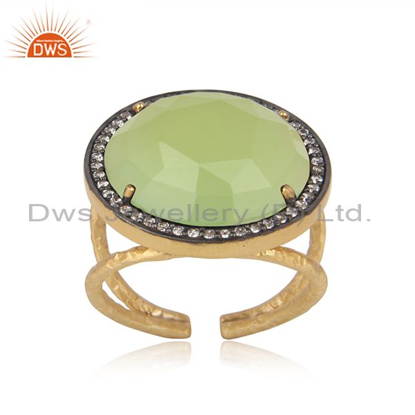Bold Textured Gold On Silver Prehnite Chalcedony Cz Ring