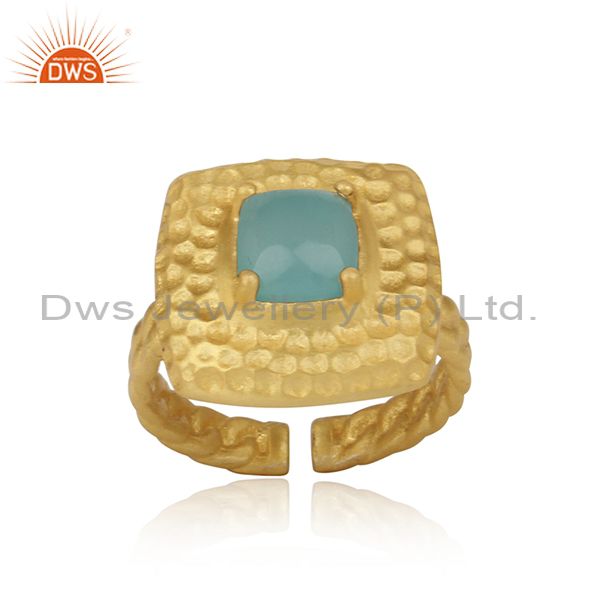 Handtextured adjustable gold on silver ring with aqua chalcedony