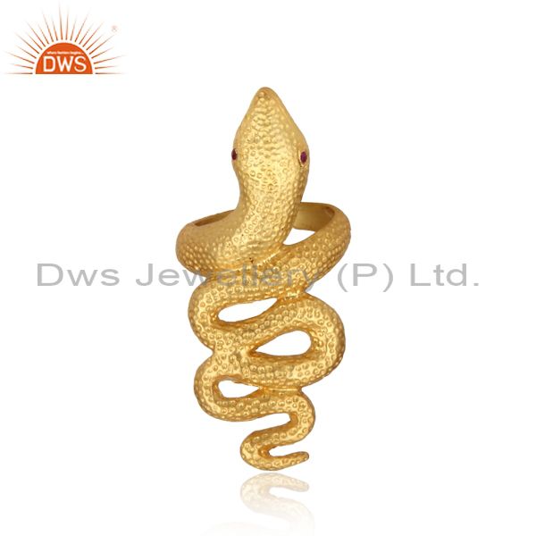 Designer Snake Textured Gold On Silver Ring With Zircon Red