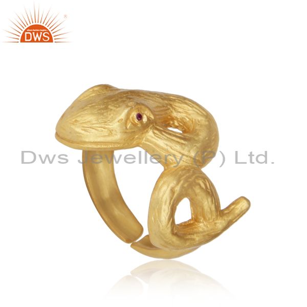 Snake Design Textured Gold On Silver Ring With Zircon Red