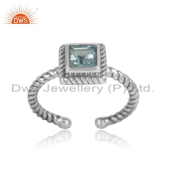 Traditional Square Blue Topaz Set Oxidized 925 Silver Ring