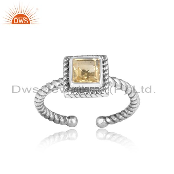 Square Cut Citrine Set Sterling Silver Oxidized Ring